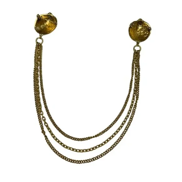 Gold Tone Shell Chatelaine Brooch with Draped Chains 1980s Jewelry Nautical Pin - Picture 2 of 4